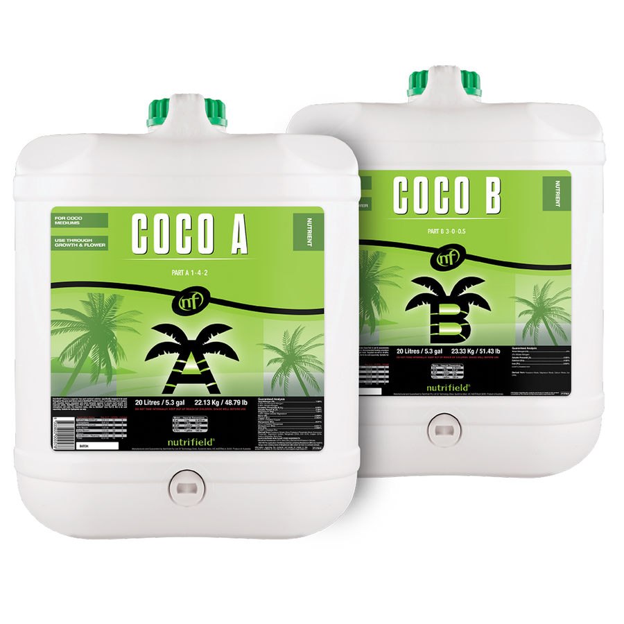 Nutrifield Coco A&B provides a complete premium synthetic nutrient profile, specifically formulated to support plant growth in coco coir throughout the entire growth cycle. The combined nutrient profile contains all essential macro and micro nutrients, with an optimised NPK (nitrogen, phosphorus and potassium) ratio, and chelators to ensure bioavailability to plants. Coco A&B fulfills plant nutrient requirements to support healthy, vigorous vegetative growth and abundant flower yield.